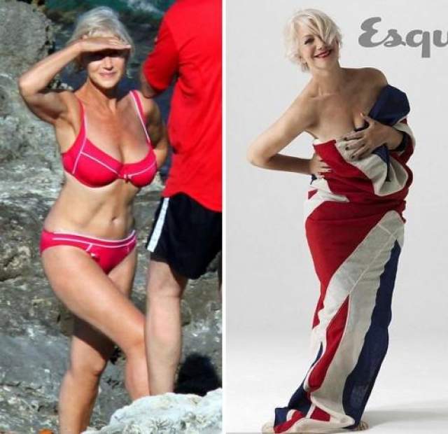 Пляжное фото 63-х летней Миррен (слева) стало сенсацией в 2008 году. А в 2011 году она снялась полуобнаженной для журнала Esquire.