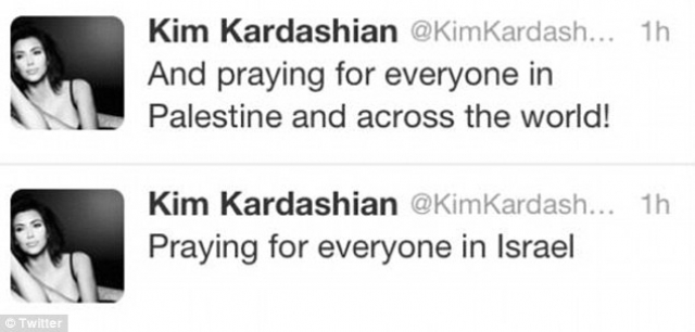 Кстати, в похожую ситуацию попала и уже упомянутая Ким Кардашьян - в 2012 году она написала: "Молюсь за всех в Израиле". На звезду хлынули упреки и даже угрозы расправы, после чего она добавила, что "молится за всех в Палестине и по всему миру!"