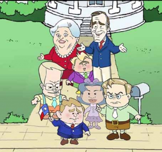 Вообще, американцы никогда не боялись смеяться над Бушем. Пару лет назад на экраны одного из телеканалов США вышел сатирический мультсериал "Крошка Буш".