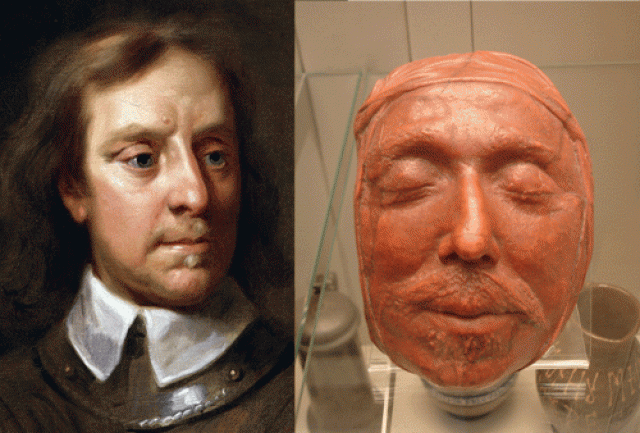 Это восковая посмертная маска Оливера Кромвеля , которая выставлялась в Британском музее в Лондоне. Любопытно, что после погребения тело руководителя Английской революции эксгумировали и посмертно казнили, повесив и выставив насаженную на кол голову.