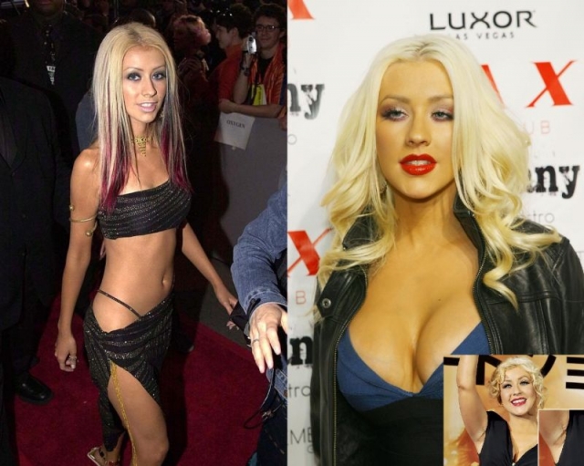 Кристина Агилера. Журналисты считают, что певица увеличила грудь, когда их конкуренция с Бритни Спирс достигла апогея.