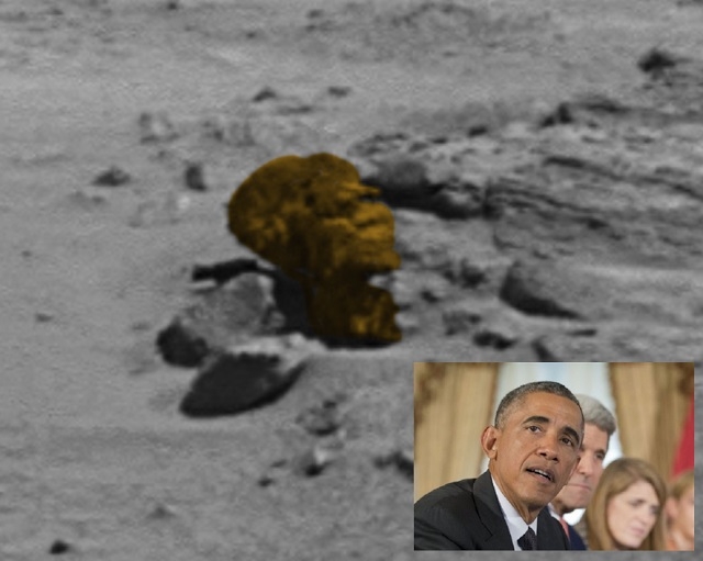 Уфологи обнаружили на марсианской поверхности даже голову президента США Барака Обамы. Сам снимок был сделан в октябре 2005 года марсоходом Spirit на вершине Husband Hill в кратере Гусева.