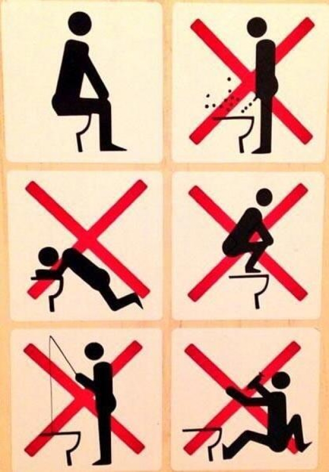 А канадский сноубордист Себастьян Тутан выложил в Twitter объявление, которое обнаружил в уборной своего отеля. На картинке показано, как правильно пользоваться туалетом.