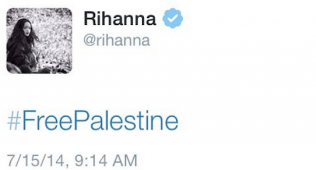 Рианна стала центром твит-скандала в июле 2014 года в разгар палестино-израильского конфликта, твитнув фразу #FreePalestine.