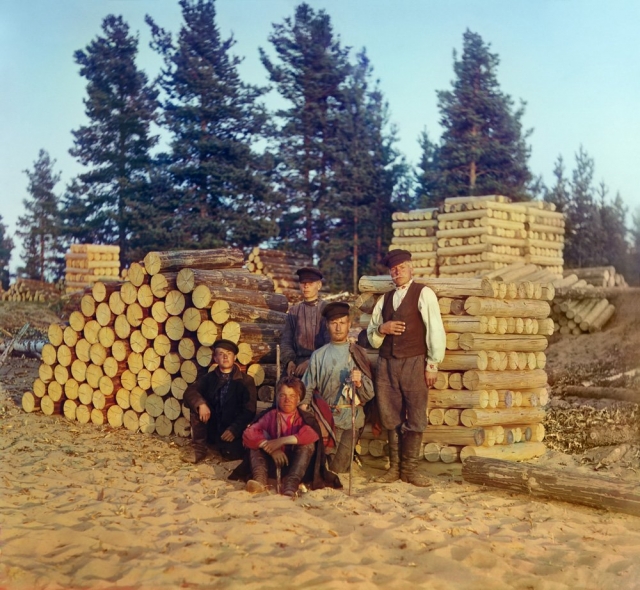 Пильщики на берегу Онежского озера в устье реки Вытегры, 1909 год.