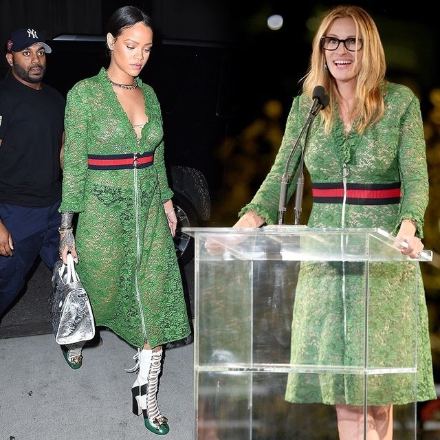 Рианна и Джулия Робертс выбрали одинаковые прозрачные платья зеленого цвета.