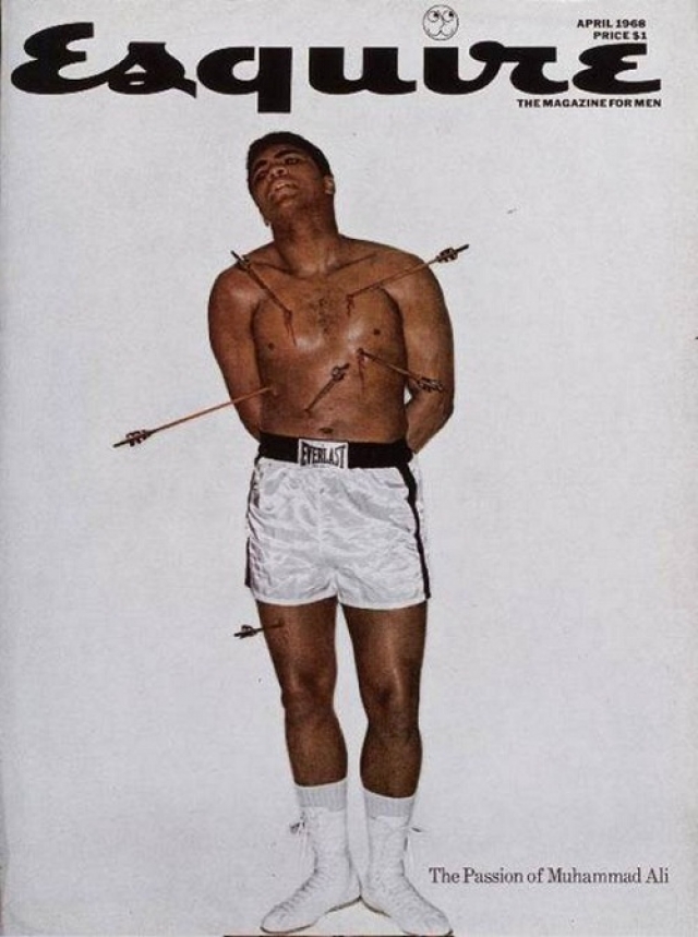 Esquire, апрель 1968. Мухаммед Али, пронзенный шестью стрелами, и заголовок "Страсть Мухаммеда Али появились на обложке Esquire после скандала, разразившегося в связи с отказом боксера служить в армии США по религиозным убеждениям.