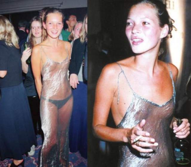 Кейт Мосс В 1993 году на вечеринке Look of the Year еще юная Кейт Мосс появилась в полупрозрачном платье, надетом едва ли не на обнаженное тело, и с сигаретой в руках. 
