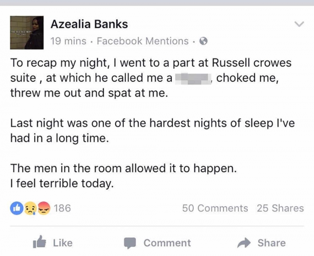 В другой раз Азилия пожаловалась в "Фейсбуке", что актер Рассел Кроу оскорбил ее, назвав "ниггершей", пытался удушить певицу и выгнал из номера, плюнув в нее.