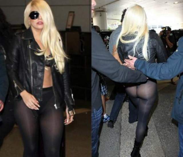 Леди Гага  Поклонники певицы, в общем, давно привыкли видеть всю любимицу в довольно откровенных нарядах. Впрочем, иногда выходы артистки вызывают недоумение и вопросы: то ли торопилась, то ли стилист недоглядел. 