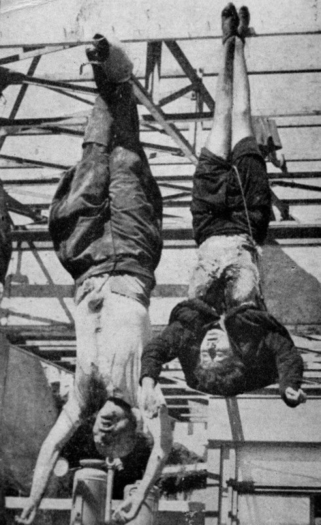 Тела Муссолини и Петаччи были привезены в Милан. На автозаправке у площади "Пьяцца Лорето", где 10 августа 1944 года были казнены 15 антифашистских партизан, их вместе с телами 5 других расстрелянных деятелей фашистской партии повесили вверх ногами.