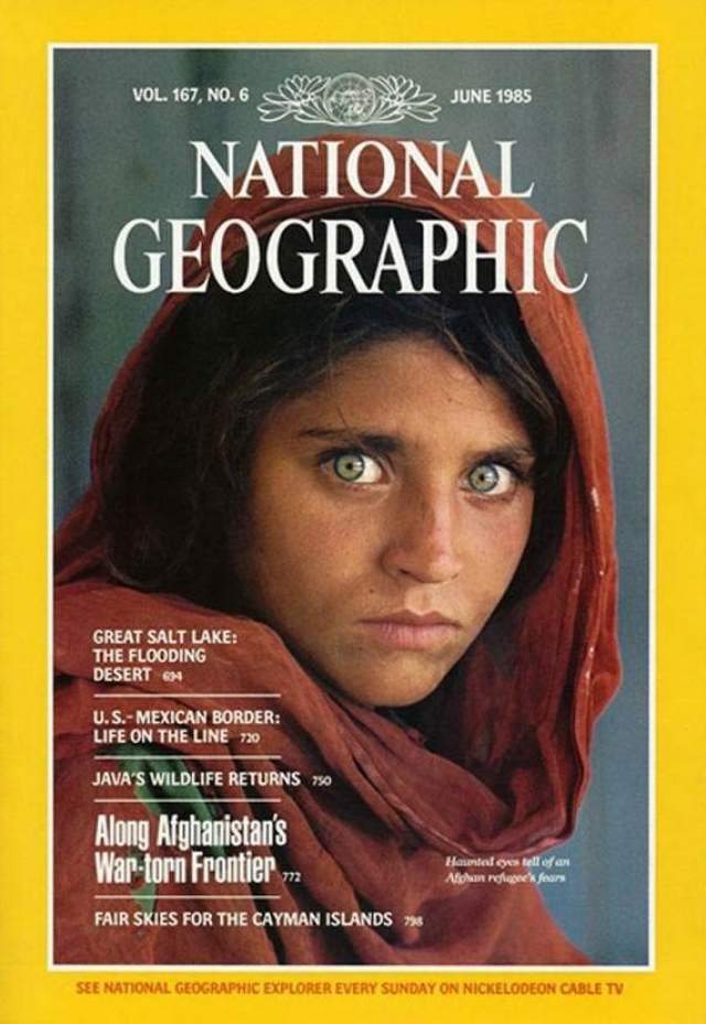 Афганская Мона Лиза , обложка National Geographic (1985). Фотограф издания Стив Маккарри в 1984-м собирал материал об афганско-советской войне, и повстречал местную жительницу, которую и сфотографировал. 