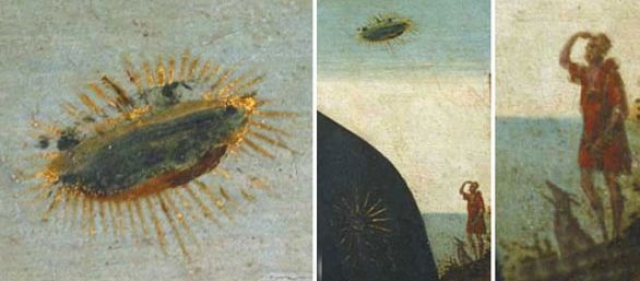 На фреске виден сияющий дисковидный объект над левым плечом Девы Марии. Кстати, на фоне также отчетливо заметны мужчина и собака, в изумлении смотрящие вверх на парящий диск.