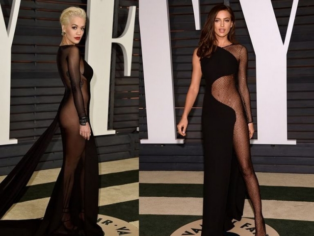 Рита Ора и Ирина Шейк выбрали одинаковые “голые” платья для посещения Vanity Fair Oscar Party и явно не прогадали, поскольку обе были хороши.